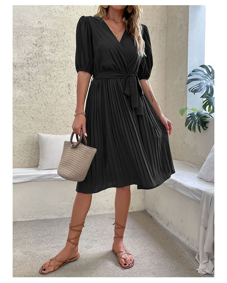 Fashion Solid Color V Neck Short Sleeve Patchwork Pleated Polyester Knee-Length Pleated Skirt