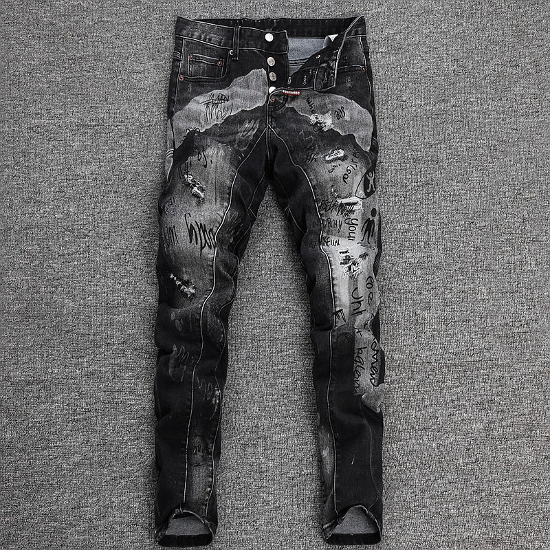 美式轻奢小三人破洞牛仔裤男款秋冬修身小脚裤高端喷漆乞丐黑灰色