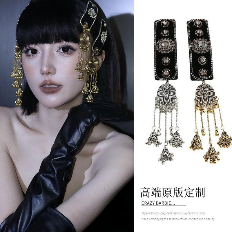 New Chinese Style Retro Gem Diamond Long Tassel Hairpin Ethnic Style Bell Front Fringe Clip Mongolian Hair Accessories Trendy