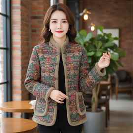 一件代发妈妈加绒新款冬季棉衣外套时尚盘扣加厚保暖碎花棉服女装