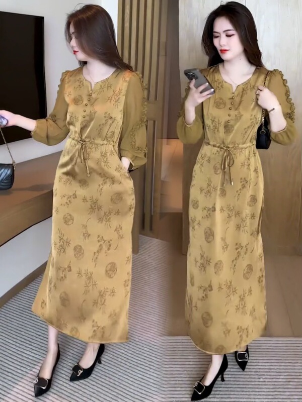 New Chinese Printed dress Women's Spring and Autumn New Satin A- line Skirt Stylish Age-reducing Drawstring Mid-length Skirt New Chinese Printed dress Women's Spring and Autumn New Satin A- line Skirt Stylish Age-reducing Drawstring Mid-length Skirt