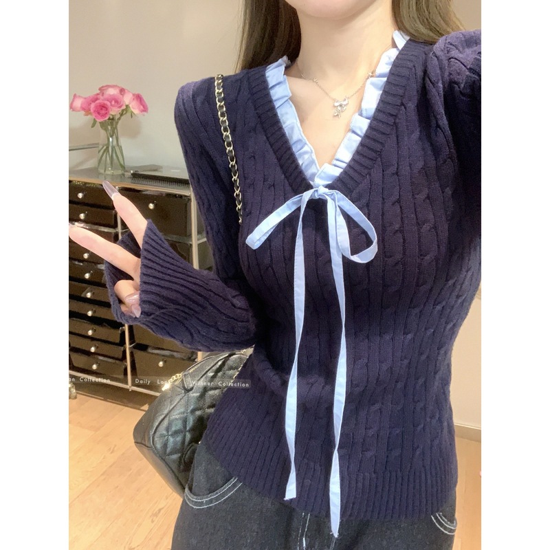 韩系麻花v领系带蕾丝打底衫女春秋纯欲风木耳边内搭毛衣针织上衣|undefined
