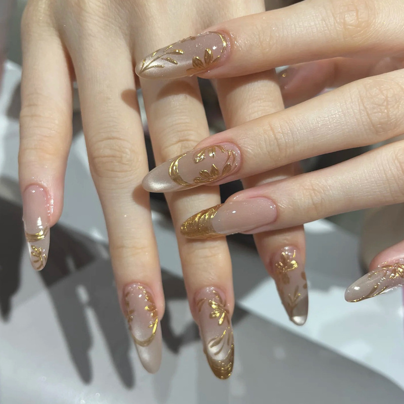 Nail Art Gold Branches and Jade Leaves National Style Sticker with Adhesive Autumn Internet Hot New Bronzing Leaf Nail Wear Armor Decoration