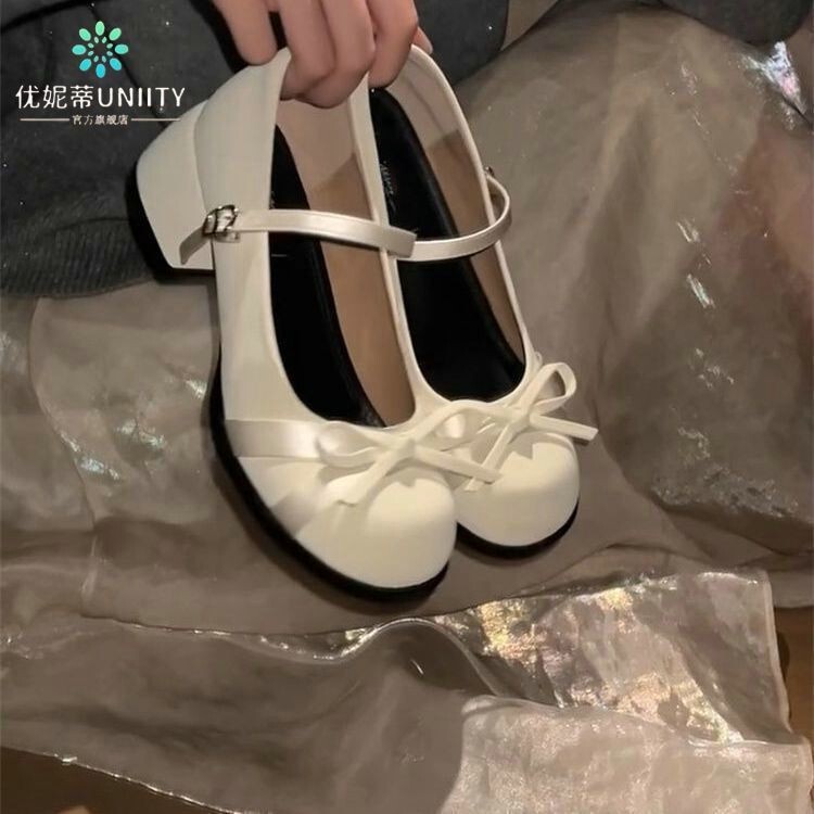 2025 Summer Small Thick High Heels Thick Sole Fairy Style Bow Mary Jane Shoes Women's White Round Toe Small Shoes