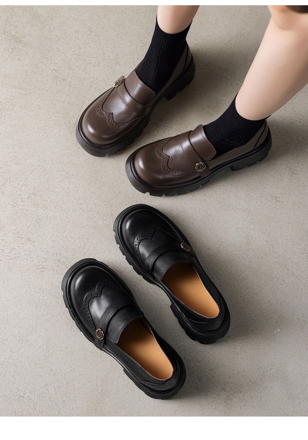 Giày loafer nữ đế xuồng phong cách Anh cổ điển, mũi tròn, gót cao nhỏ, họa tiết hoa sơn trà — màu nâu chi tiết 2