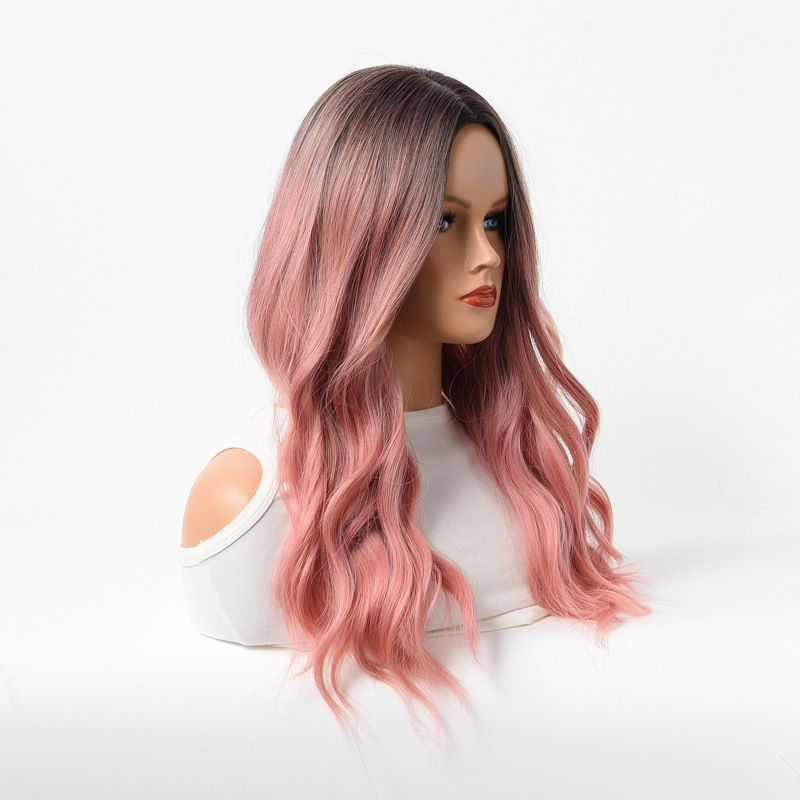 Midterskilning langt krøllet hår uden pandehår pink gradientparyk kvindelig paryk højtemperatur silke rose net_voghion.com