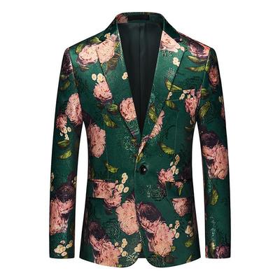 Men's Dark Green flowers jazz dance host singer stage performance blazers Business Casual Groomsmen youth music production Single One Button dress Suit
