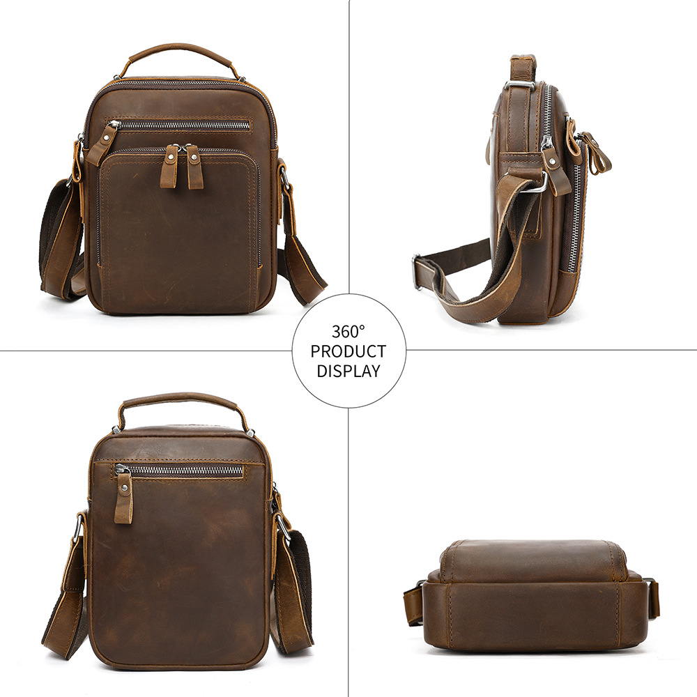 Túi đeo chéo nam da bò vintage phong cách retro châu Âu, thiết kế đơn giản đa năng — Kèn da ngựa điên màu nâu, Da ngựa điên màu nâu size lớn, Da ngựa điên màu nâu sẫm size nhỏ