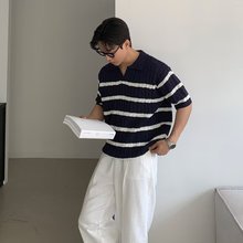 工厂直销 夏蓝白翻领Polo衫短袖针织衫男宽松美式弹力T恤型男韩国