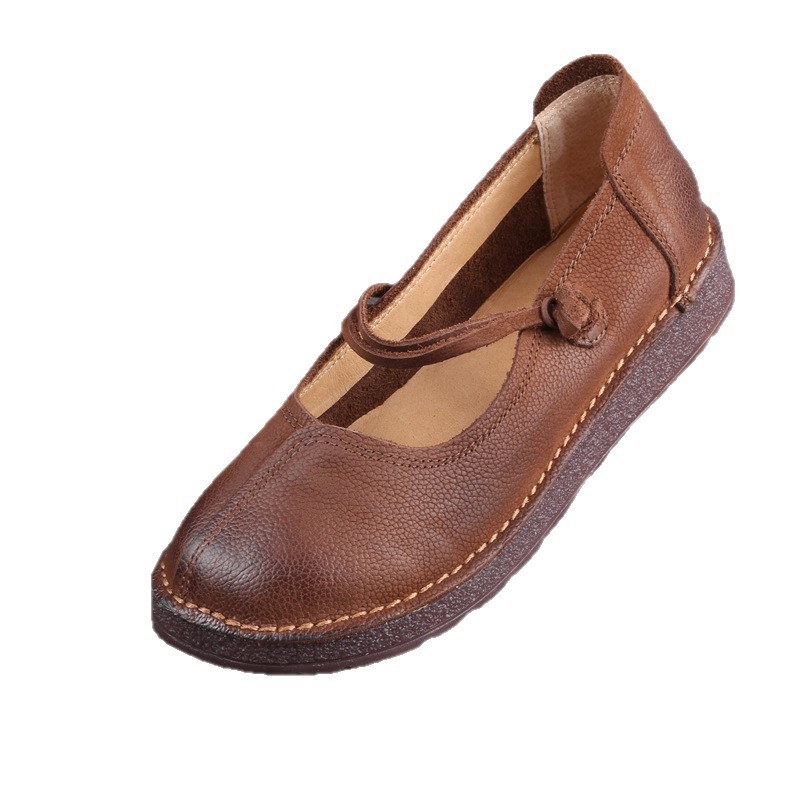 Zapatos individuales de mujer de boca baja de cuero Dongguan, estilo étnico retro, zapatos Mary Jane, suela gruesa antideslizante, zapatos de mujer de piel de vaca de primera capa casuales