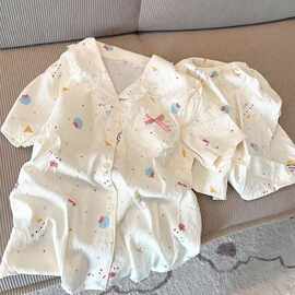 睡衣女款夏季云朵棉短袖短裤套装卡通少女花边家居服纯棉莫代尔