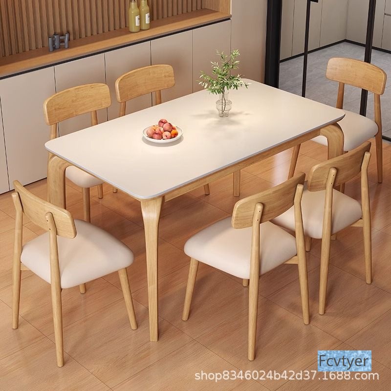 Rectangular Dining Table in Modern Nordic Style with Rock Slab, Suitable for Small Spaces, Simple Cream Color, Home-Use Combination Chair