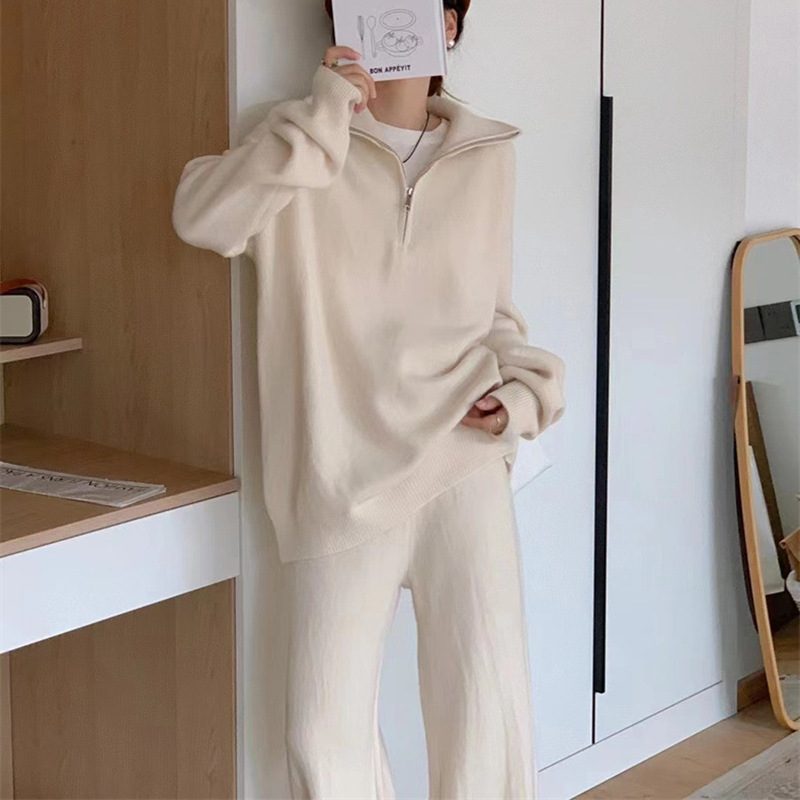 Women’s Korean Style Knit Sweater & Wide Leg Pants Set – Lapel Half-Zip Lounge Suit (One Size, 6 Colors)_voghion.com