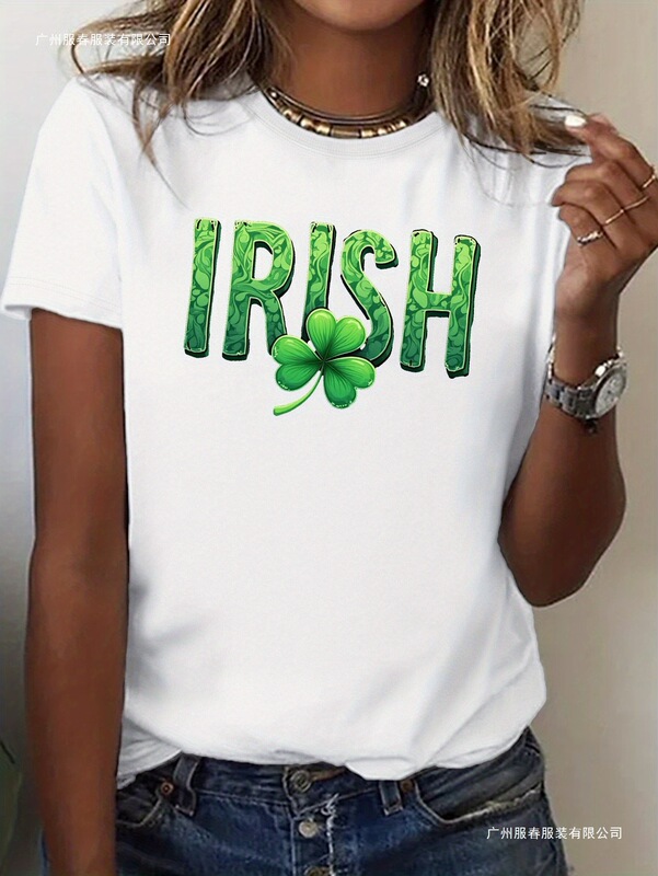 Cross-Border Women's Irish Pride T-Shirt - Featuring a Green Shamrock and Irish Lettering, Vintage Style Cross-Border Women's Irish Pride T-Shirt - Featuring a Green Shamrock and Irish Lettering, Vintage Style