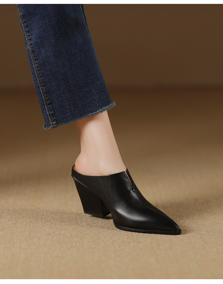 Giày mule nữ da bò mũi nhọn gót cao 7 cm phong cách Âu Mỹ — đen chi tiết 10