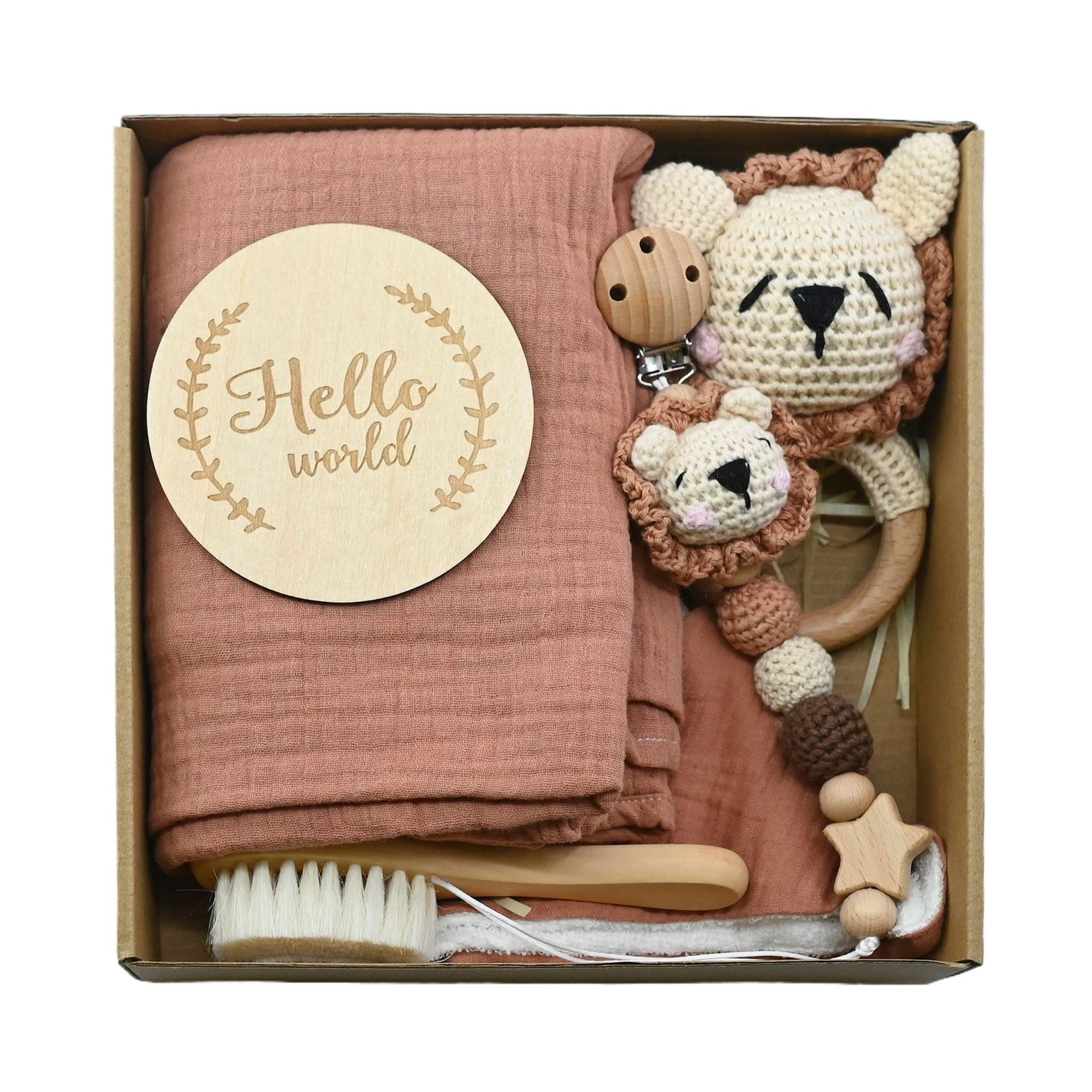 Nuevo bebé animal crochet campana de madera caja de regalo de nacimiento juego cadena de chupete bebé nacimiento luna llena regalo