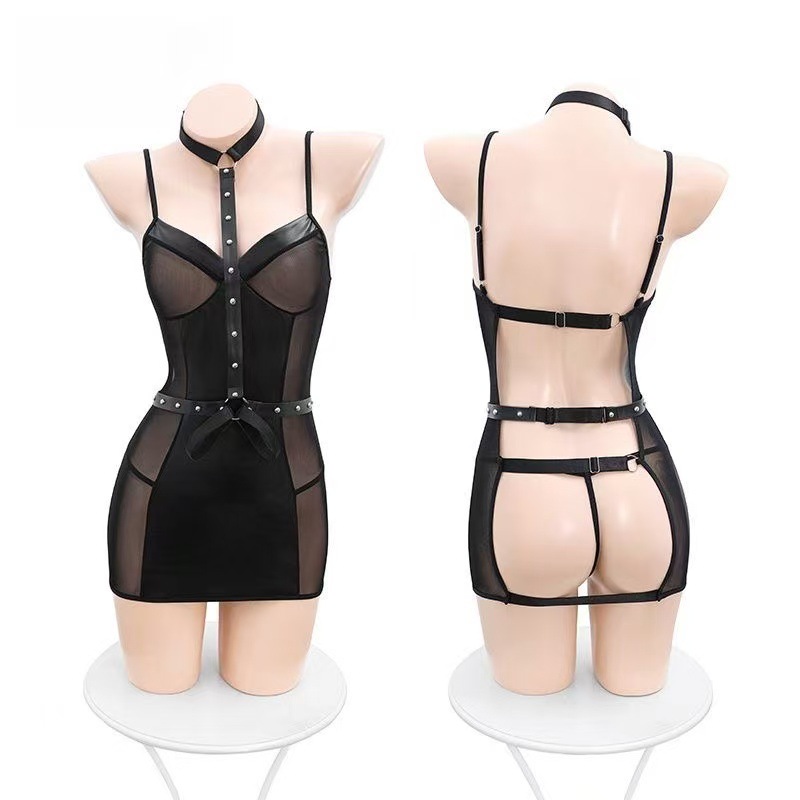 Rivet-Detailed Sheer Lingerie Set with Open-Back Design and Bondage Accessories — detail image 6