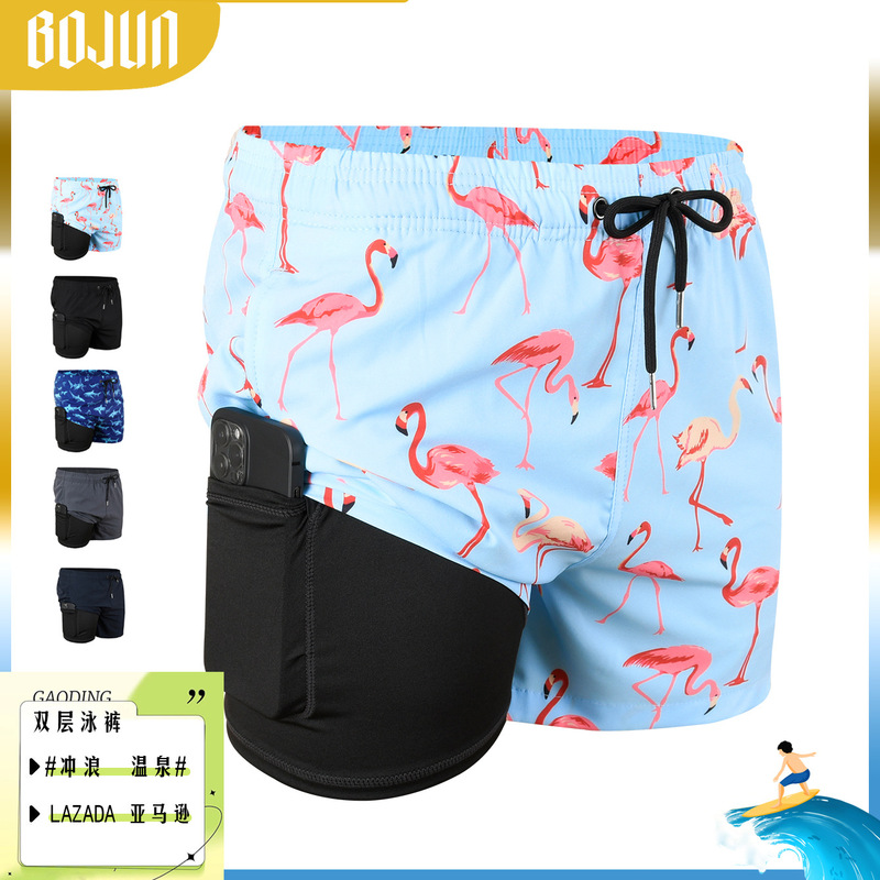 Men's Double-Layer Swimming Trunks Beach Trunks Men's Loose Sports Quick-Drying Fitness Pants Cross-Border Men's Amazon Shorts