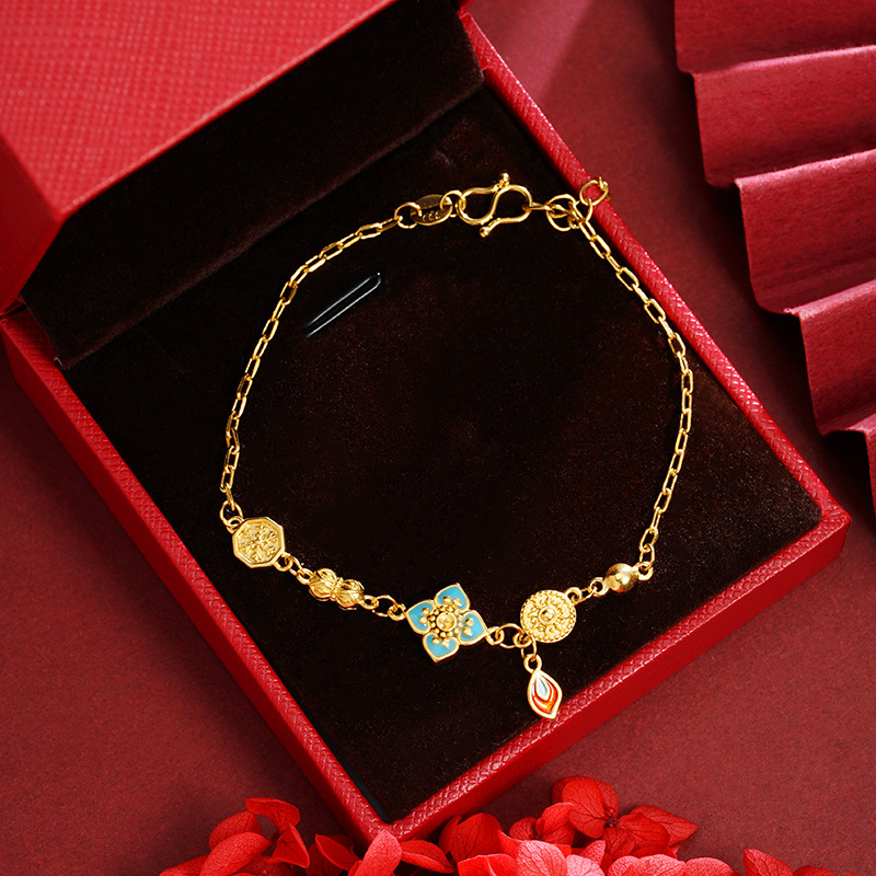 Nuevo chino vietnamita pulsera de oro de arena goteo de esmalte nacional flor pulsera de bronce dorado para mujeres joyas no se desvanecen