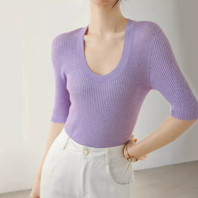Machine Washable 100% Merino Wool Yangzi Yarn U-Neck Vertical Ribbed Half-Sleeve Knitted Short-Sleeve T-Shirt for Women, New for Spring and Summer Machine Washable 100% Merino Wool Yangzi Yarn U-Neck Vertical Ribbed Half-Sleeve Knitted Short-Sleeve T-Shirt for Women, New for Spring and Summer