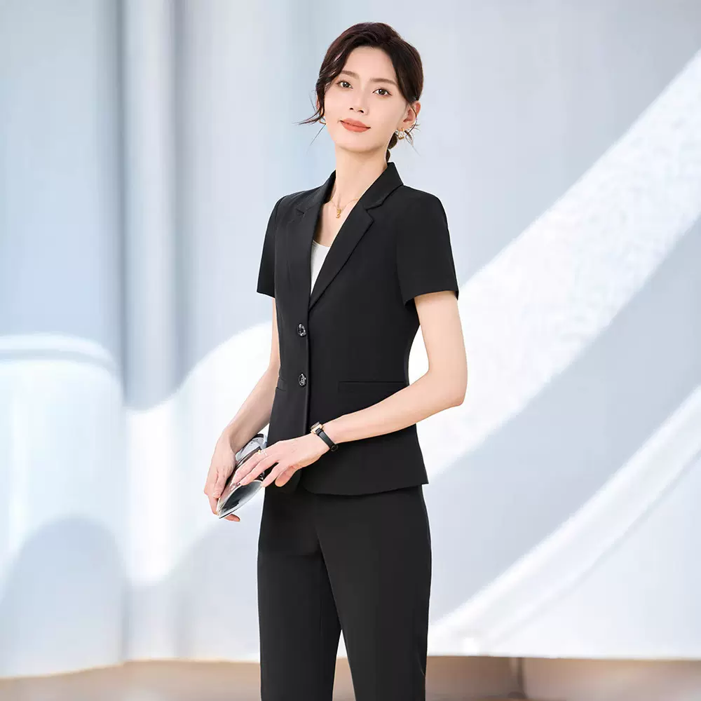 黑色西装套装女夏季薄款职业气质公考面试正装短袖酒店经理工作服