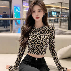 TZ6026性感辣妹圆领豹纹印花长袖T恤女高冷气质独特别致短款上衣