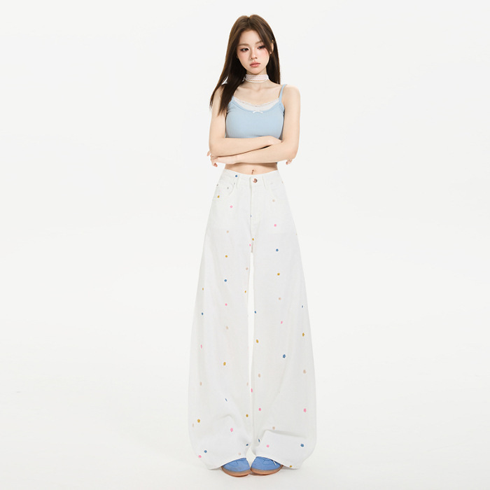 美式复古小花刺绣阔腿牛仔裤女2025早秋新款高腰宽松显瘦直筒裤子|undefined