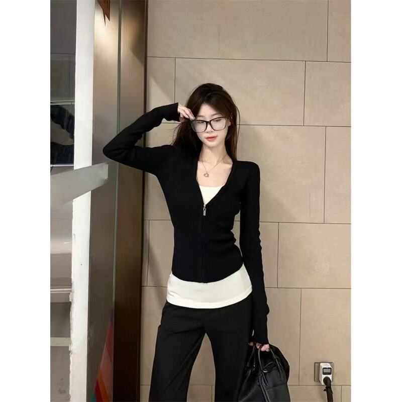 Autumn New Style Women's Long Sleeve T-Shirt with V-Neck Design, Fake Two-Piece Zipper, Unique and Versatile Top Autumn New Style Women's Long Sleeve T-Shirt with V-Neck Design, Fake Two-Piece Zipper, Unique and Versatile Top
