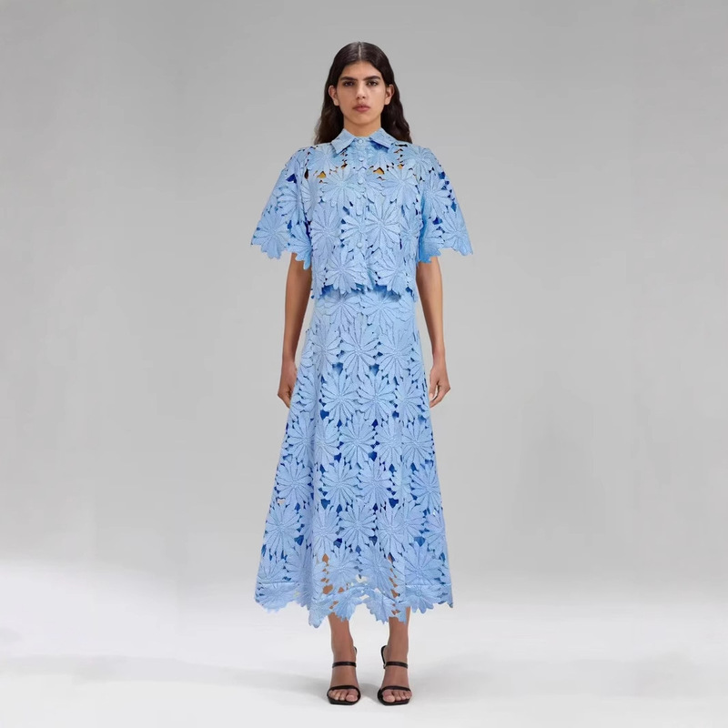 Water-Soluble Lace Suit 2025 Summer Fashion Trend Bell Sleeve Short Shirt Top High Waist Skirt Long Skirt Water-Soluble Lace Suit 2025 Summer Fashion Trend Bell Sleeve Short Shirt Top High Waist Skirt Long Skirt