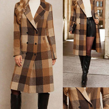 欧美亚马逊跨境外贸新款西装领格纹双排扣长款毛呢外套大衣女风衣