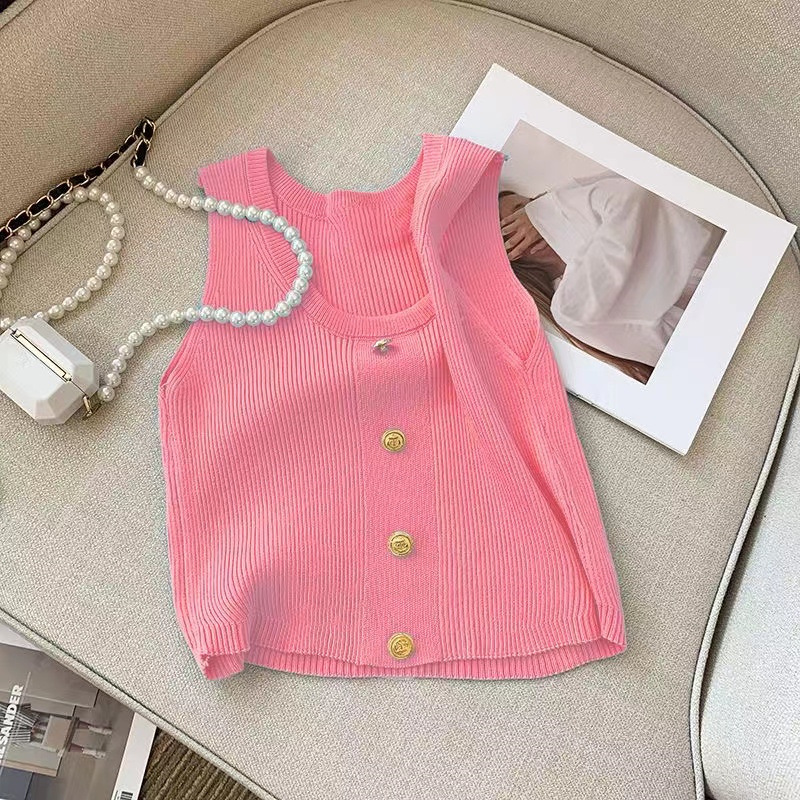 Las niñas de verano nuevo oro hebilla de punto camisola estilo coreano cuello redondo sin mangas de moda océano corto punto chaleco moda