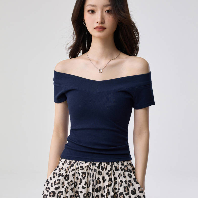 260g Eco Silk Elegant Off-Shoulder V-Neck T-Shirt for Women, New Summer Style, Sexy Slim Fit Top
