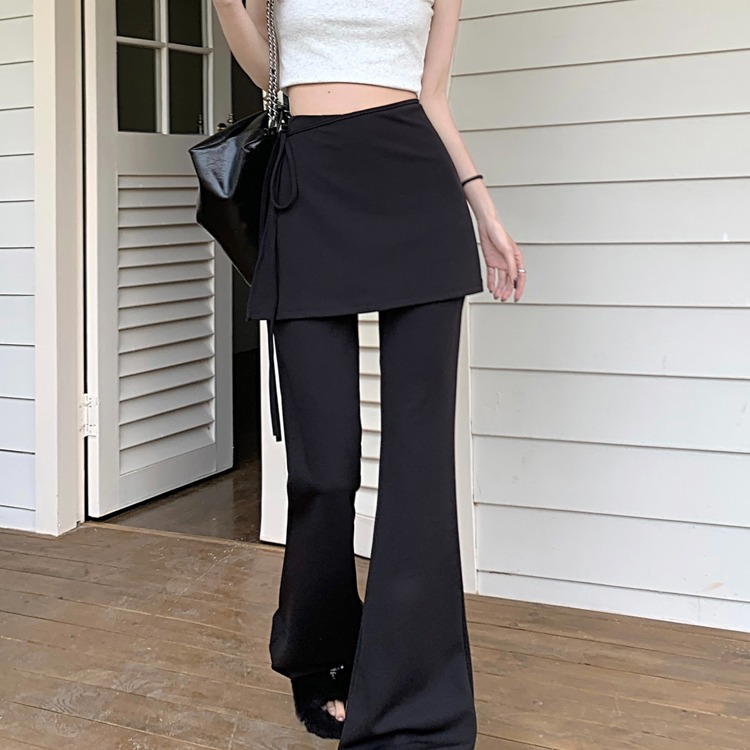 Fake Two-piece Black High-waist Casual Pants Women's Spring New Design Sense Detachable Micro-flared Pants Horseshoe Pants