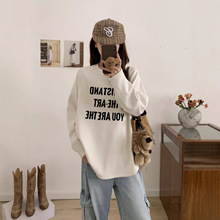 冬季加绒加厚简约字母百搭个性保暖休闲美式复古慵懒风女圆领卫衣