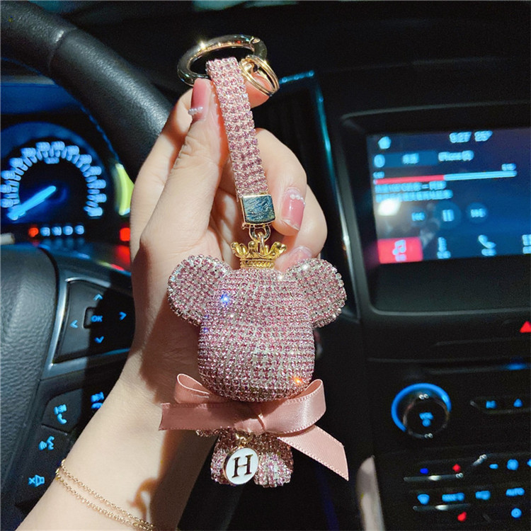 Fashion full diamond Big Head bear car keychain cute doll keychain creative name letter making bag pendant