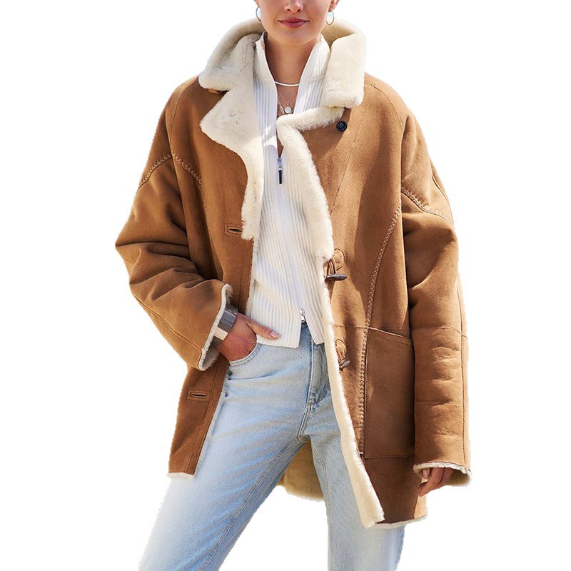 Winter Women's Oversized Tweed Sherpa Jacket – Cozy Fleece-Lined Coat With Button Front (Khaki, S-XXL, Relaxed Fit, Vintage Style)_voghion.com