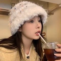 手工钩织毛线帽子女2025新款冬毛茸茸保暖显脸小针织帽筒子渔夫帽