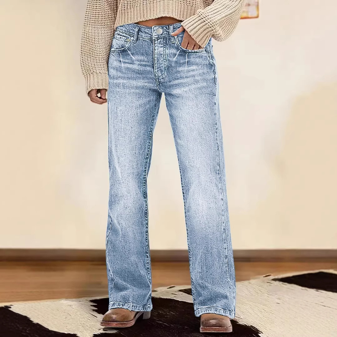 Jeans de Pierna Ancha para Mujer de Mezclilla de Algodón, Tiro Alto, Corte Relajado, Microelástico, para Uso Diario image 8