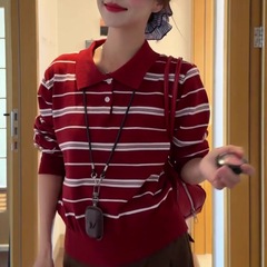 大码胖MM韩系通勤红色条纹polo领短袖T恤女修身显瘦百搭休闲上衣