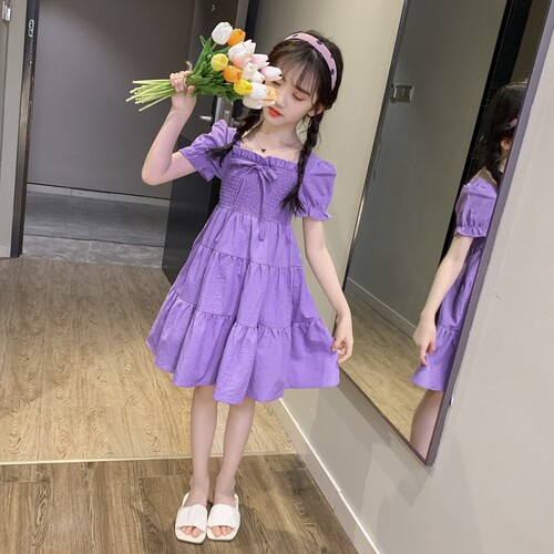 Girls' Summer Dress Children Spring and Autumn Style Big Kids Little Girls Stylish Short Sleeve Princess Dress