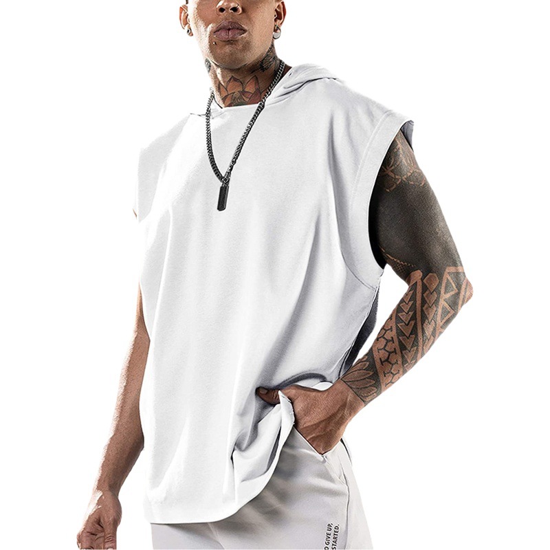2021 Summer Men's Fitness Training Pullover Sports Leisure European and American Fashion Sleeve Hooded Horse Clip Men's Solid Color Vest