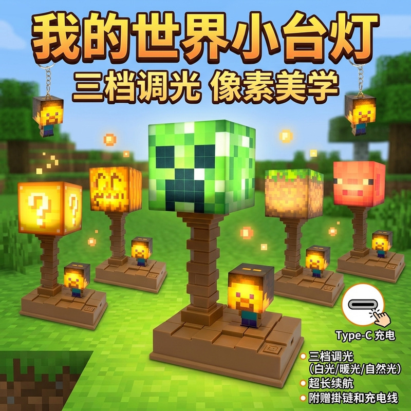 Minecraft Small Desk Lamp with Three-Level Dimming, Pixel Aesthetics, USB Powered Creeper Atmosphere Light
