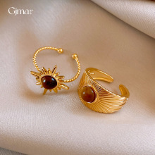 复古美拉德圆形虎眼石花朵戒指小众高级感食指戒时尚个性手饰批发