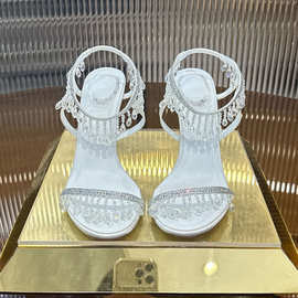 2026新款绝美水钻流苏高跟凉鞋女细跟一字带时尚婚鞋宴会水晶鞋