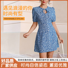 夏季女士裙子钉珠圆领短袖女装短款连衣裙碎花欧美风文艺风时尚
