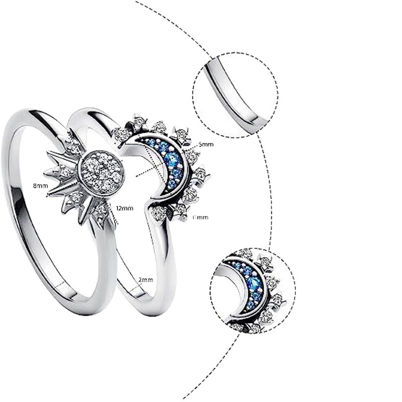 Nueva joyería europea y americana simple brillante Sun Blue Diamond Moon anillo de dos piezas para mujer para novia