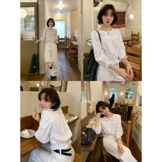 系带木耳边八分袖衬衫女秋白色甜美少女韩系温柔风上衣