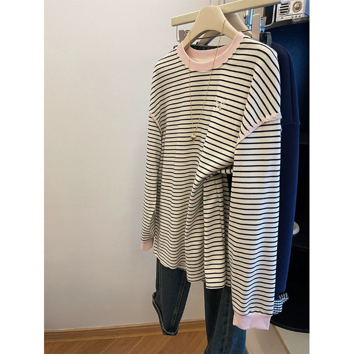 杏色刺绣蝴蝶结条纹长袖t恤女2025春季新款撞色拼接上衣服打底衫|undefined