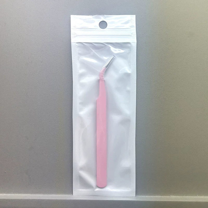 Elbow Eyelash Tweezers, stainless steel angled tip, precision for extensions, pink or black