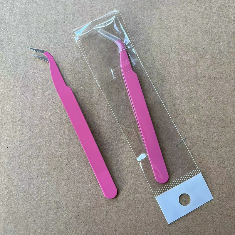 Pinzas para pestañas de acero inoxidable, punta curva, rosa